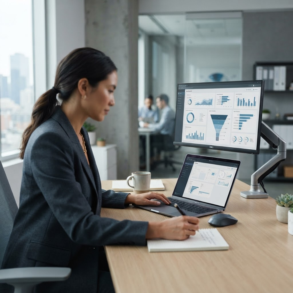 Consultant reviewing the AI Growth Engine's pipeline dashboard